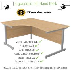 Office Desk Radial Left Hand Silver Cantilever Legs W1600xD1200xH725mm Beech Ashford